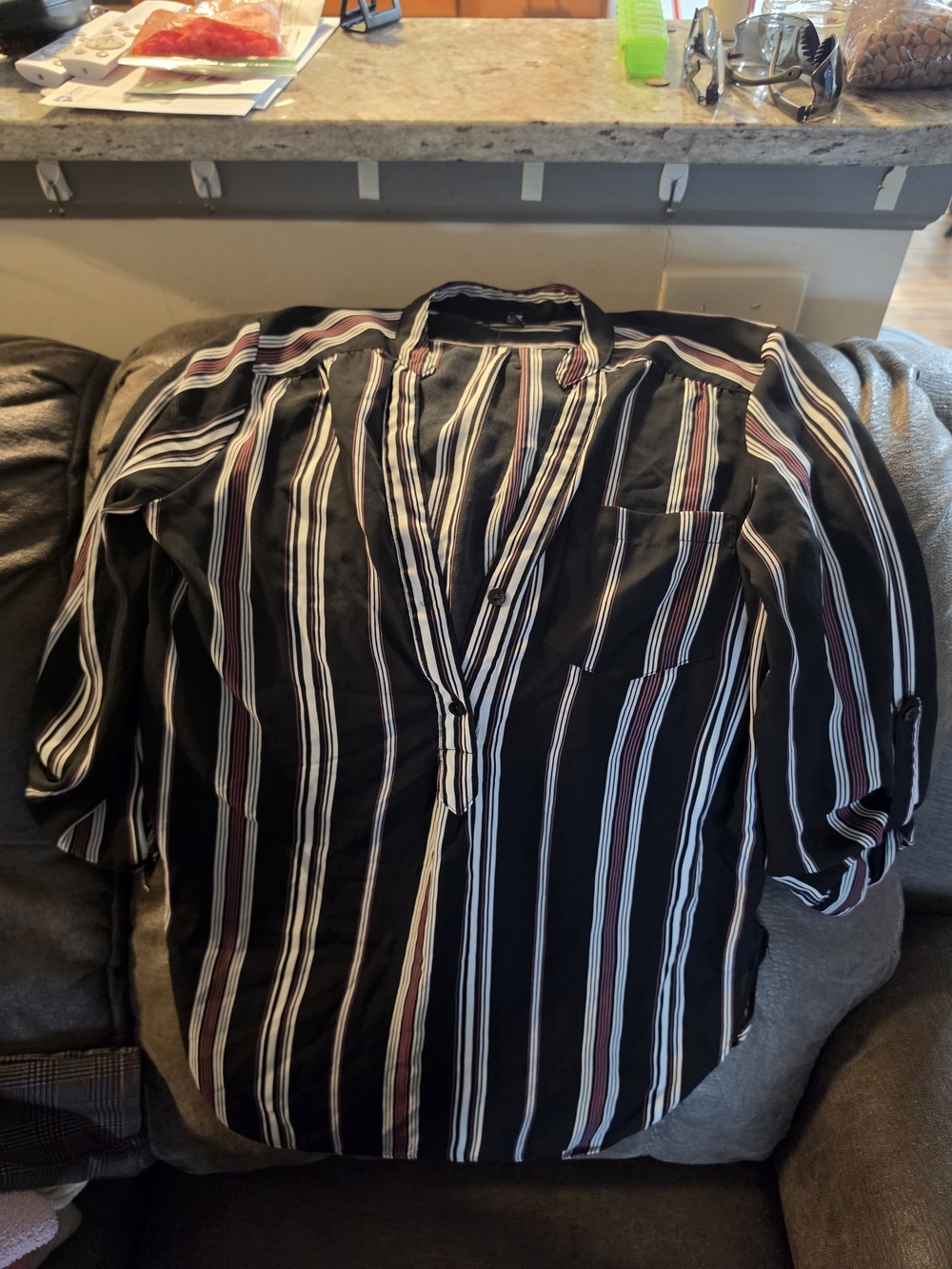 Iz Byer Black Striped Women's Blouse with White and Burgundy Lines
